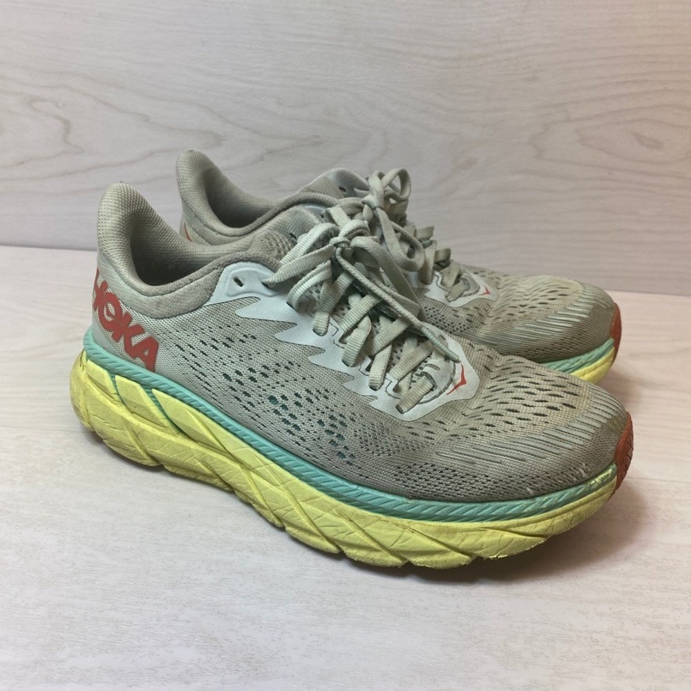 Hoka Womens 6 Clifton 7 Running Shoes Gray Yellow Mesh Lightweight Cushioning
